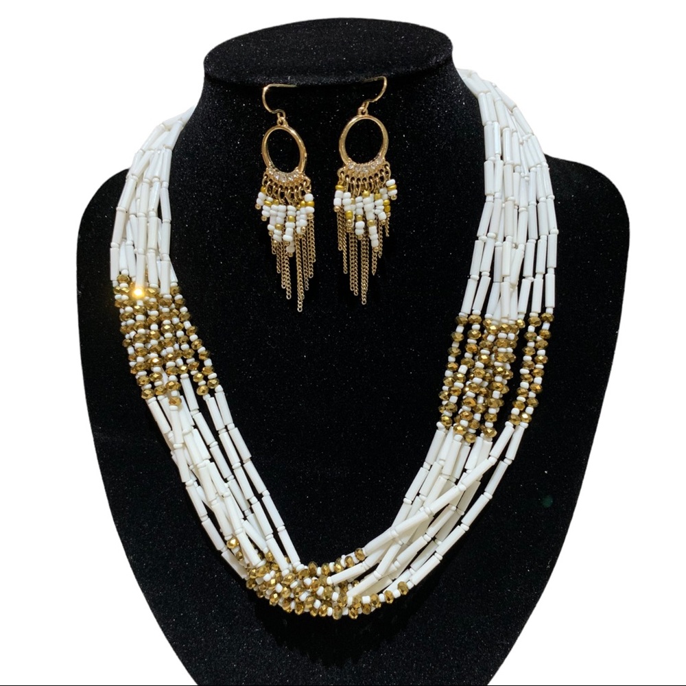 White and gold jewelry set necklace earrings bracelet